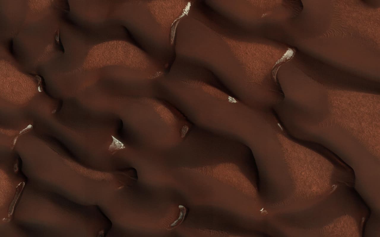El orbitador 
<a href="https://mars.nasa.gov/mars-exploration/missions/mars-reconnaissance-orbiter/"><u>Reconnaissance</u></a> tomó esta fotografía a principios del verano marciano de 2018, cuando las dunas del polo norte están casi libres de su capa de hielo estacional. Este campo de montañas de arena fina permanece cubierto por una capa de ‘hielo seco’ en el invierno, dióxido de carbono congelado de la atmósfera por las bajas temperaturas.
