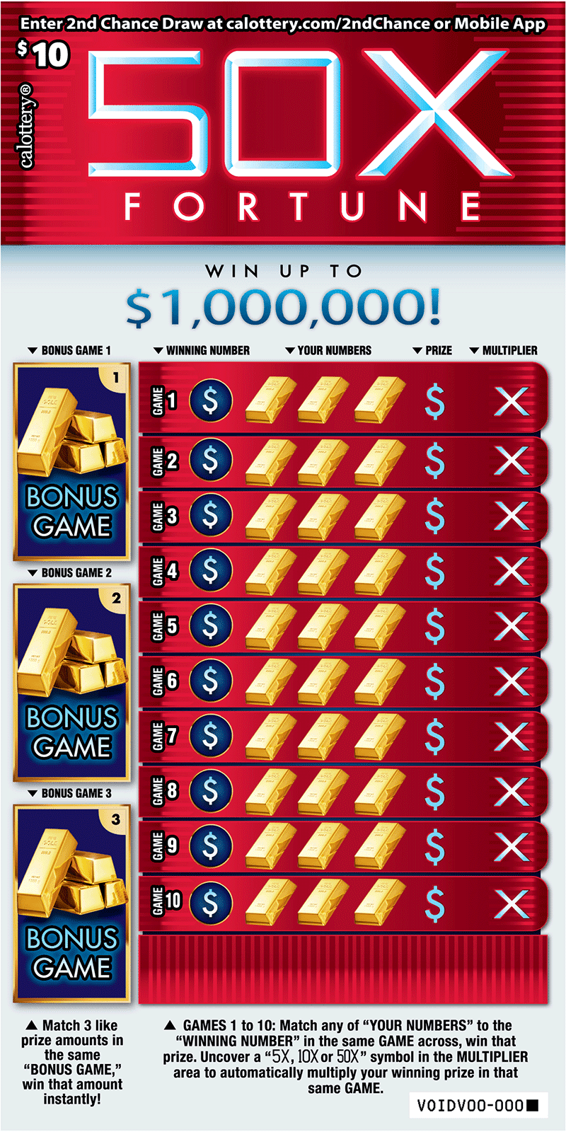 <h2 class="cms-H2-H2">50 Fortune</h2>
<br>Es un raspadito con un premio mayor de $1,000,000.
<br>La probabilidad de ganar cualquier premio es de 
<b>1 en 3,30.</b>