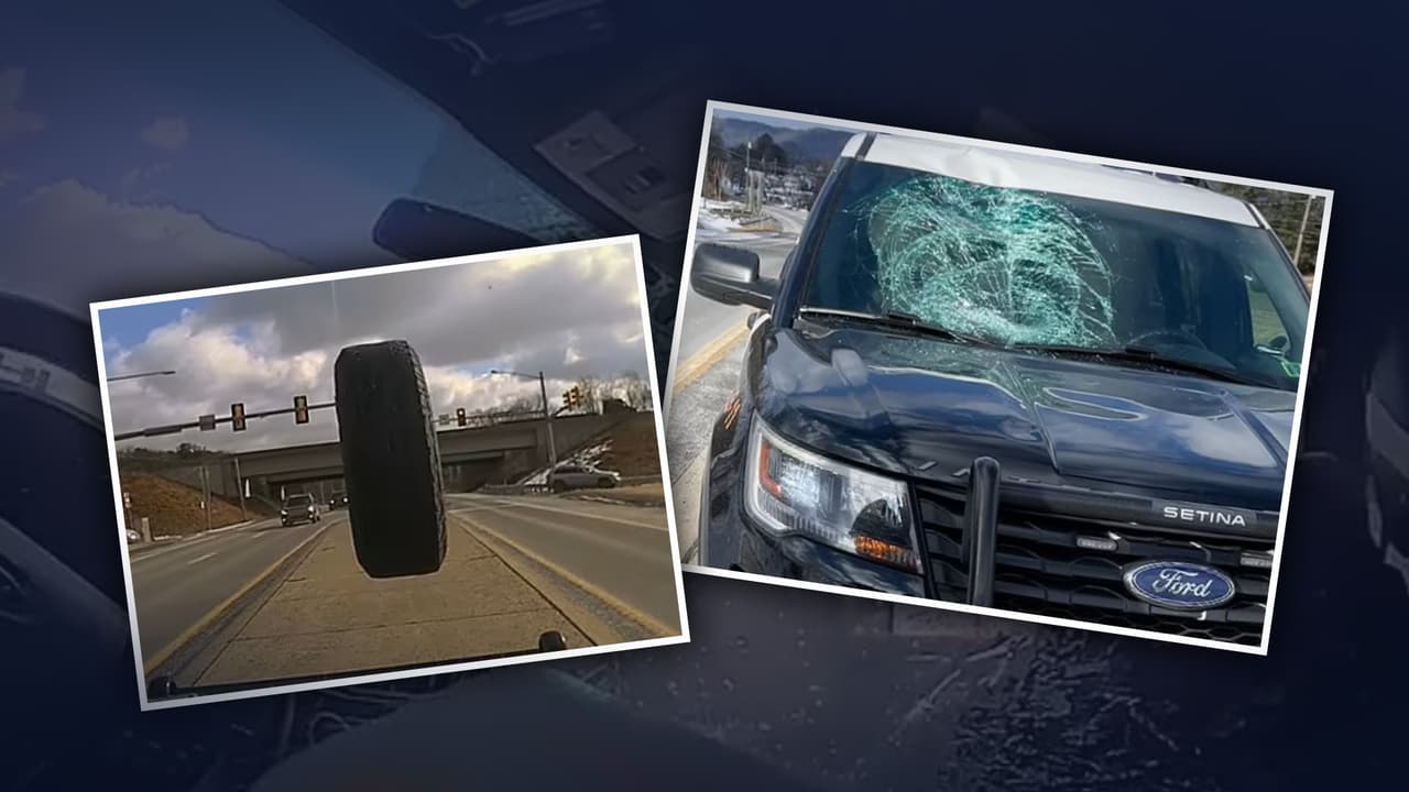 Dashcam de una patrulla de policías capta el instante en que una llanta impacta su parabrisas