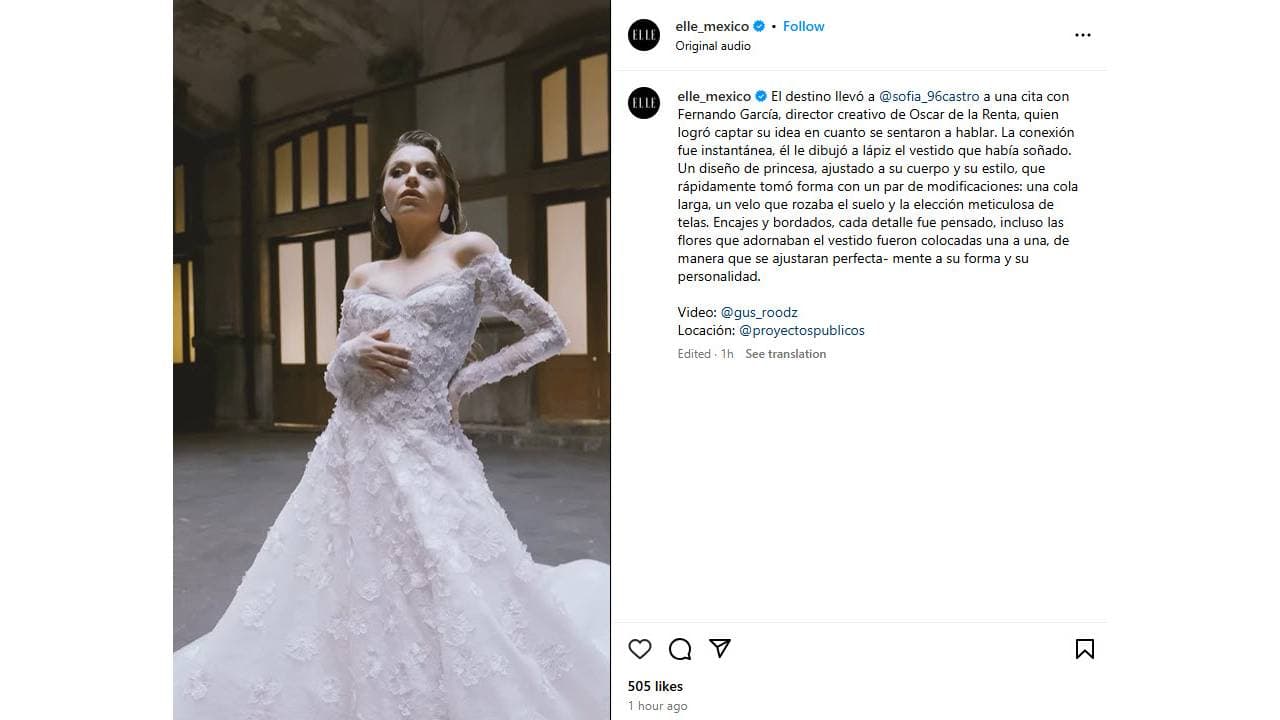 Elvestido de bodas de Sofía Castro es de la firma Oscar de la Renta.