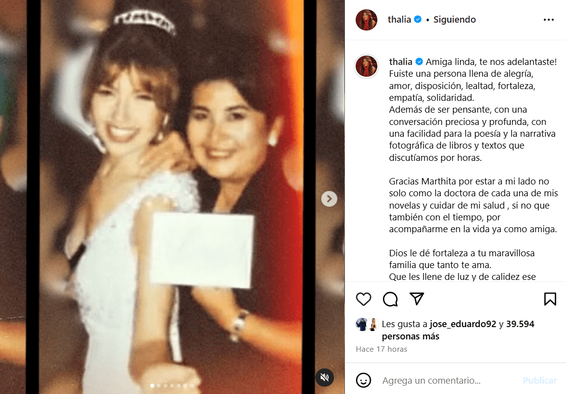 Thalía se pronunció por la muerte de su amiga, Martha Sofía Guadalupe Llanos.