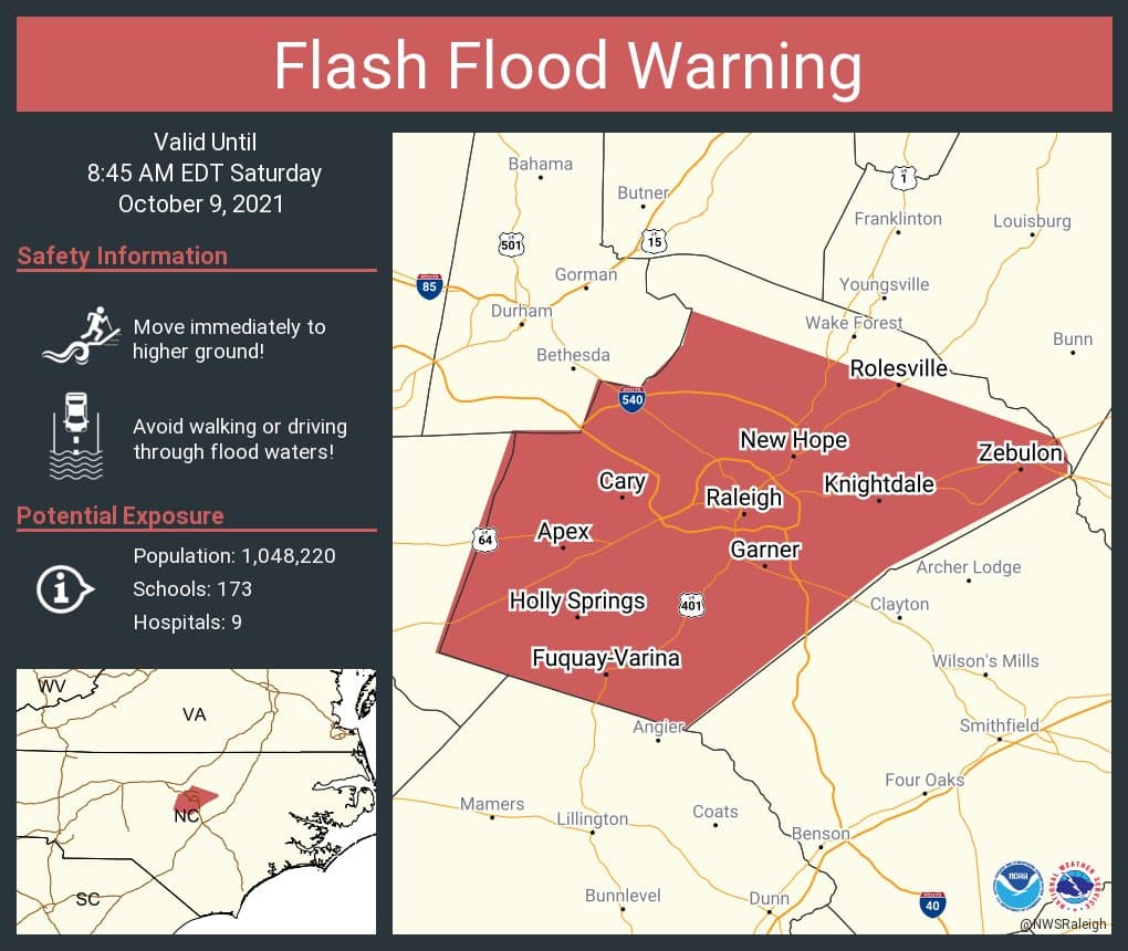 Un aviso de inundación repentina está vigente hasta las 10:45 a.m. en Raleigh, Cary y Apex.