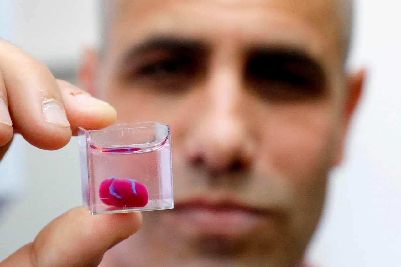La impresión de tejidos humanos en 3D proporcionará reemplazos para personas cuyos órganos estén dañados y sin posibilidades de reparación, y que podrían superar la calidad de aquellos órganos originales. Trasplantes de ojos especializados para la visión nocturna, o de corazones y pulmones capaces de aumentar el rendimiento de un atleta, serán comunes en 2069. En la fotografía, tomada en abril de 2019, científicos de Israel muestran una impresión en 3D de un corazón con tejido humano.