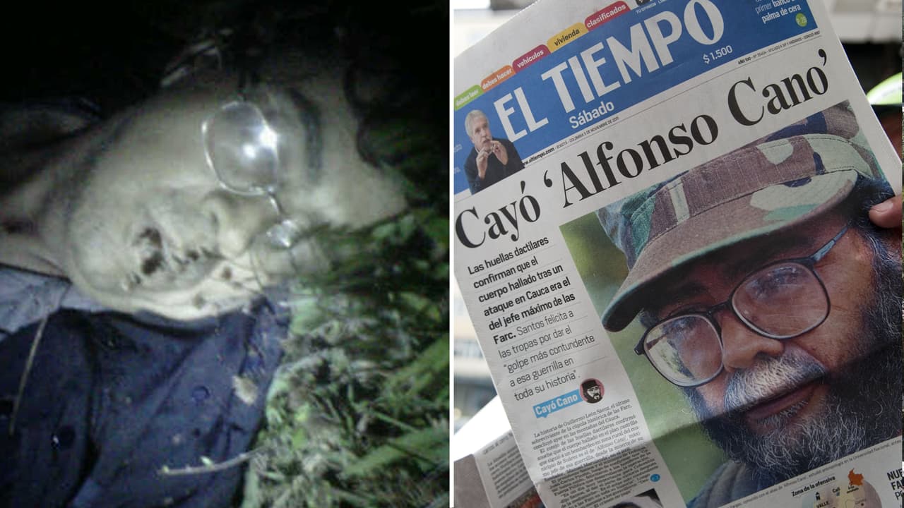 <b>Un golpe inesperado a la cabeza de los rebeldes.</b> Cano murió en una operación militar, meses después de haber logrado que terceros le hicieran conocer al presidente Santos su intención de hablar de paz. Santos calificó la muerte del líder como “uno de los golpes más contundentes a esa guerrilla en toda su historia”. En la foto, la imagen del cadáver de Cano junto a uno de los diarios colombianos más importantes al día siguiente de su muerte.