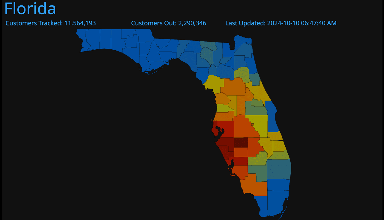Mapa de los apagones en Florida.