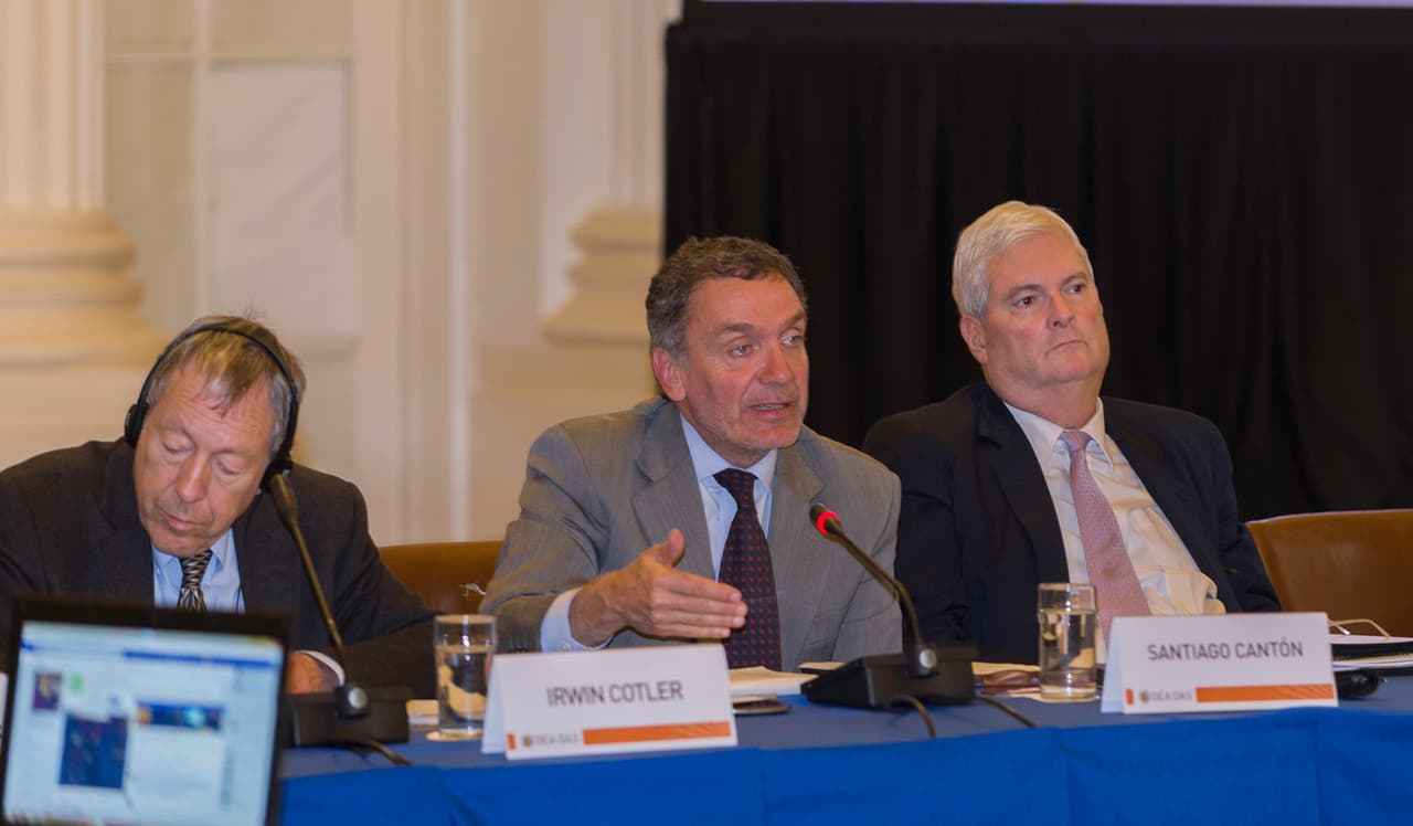 OAS session to analyze the situation in Venezuela, October 16, 2017, Left to right: Irwin Cotler of Canada, President of the Raul Wallenberg Centre for Human Rights, Santiago Cantón of Argentina, Secretary of Human Rights of the Province of Buenos Aires, and Costa Rican Manuel Ventura Robles, former Judge of the Inter-American Court of Human Rights.