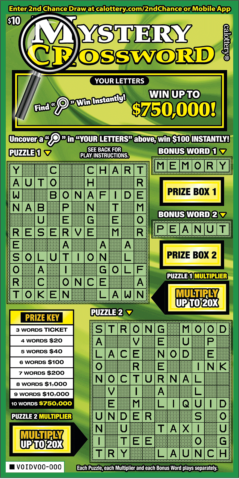 <h2 class="cms-H2-H2">Mystery Crossword</h2>
<br>Es un raspadito con un premio mayor de $750,000.
<br>La probabilidad de ganar cualquier premio es de 
<b>1 en 3.47.</b>