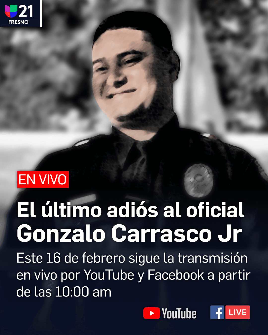 Y para 
<a href="https://www.youtube.com/watch?v=BCZIOmh5PGE" target="_blank">este 16 de febrero, a partir de las 10:00 am, se espera el funeral del oficial Gonzalo Carrasco Jr. </a>e n el Selland Arena, en donde se esperan más de 4 mil asistentes, pues 
<a href="https://www.univision.com/local/fresno-kftv/jueves-16-febrero-celebrara-funeral-oficial-gonzalo-carrasco-fresno">estará abierto al público</a>. Para más tarde el cuerpo sea trasladado al Cementerio de Reedley.