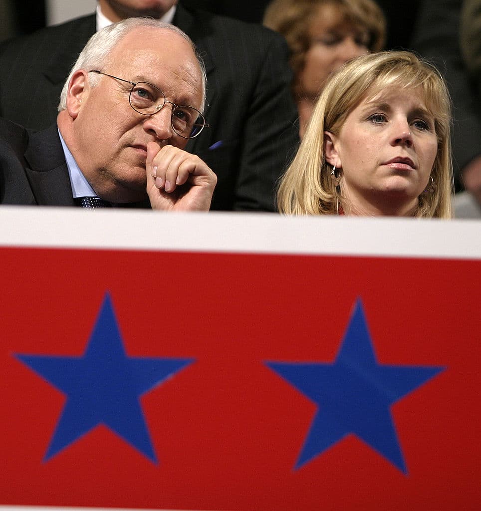 U.S. Vice President Dick Cheney sits next to his daughter Elizabeth Cheney Perry during the evening session of day one of the 2004 Republican National Convention August 30, 2004 at Madison Square Garden in New York City.