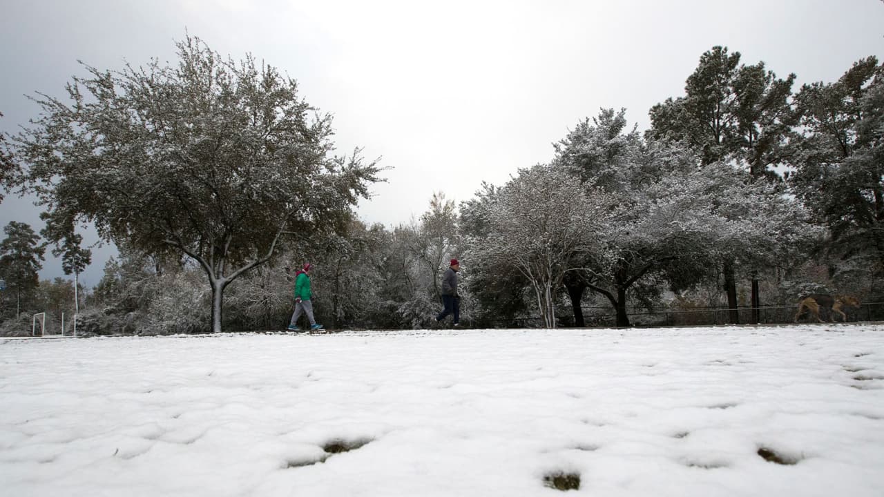 Teresa Lyon, izquierda, y su esposo Robin pasean a su perro Figgy a lo largo de un camino bordeado por árboles cubiertos de nieve, en el suburbio de Houston de Spring, Texas.