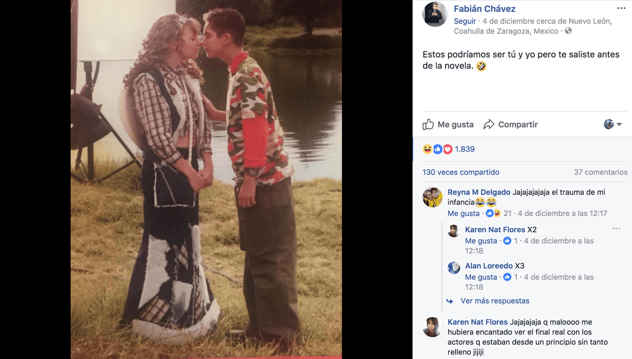 Fabián Chávez, haciendo gala de buen humor, publicó esta fotografía con esta frase: "estos podríamos ser tú y yo, pero te saliste antes de la novela". La salida de Belinda tiene varias teorías. La versión oficial dice que, por su gran éxito, la telenovela fue alargada, pero Belinda ya había adquirido compromisos escolares que no podía aplazar.