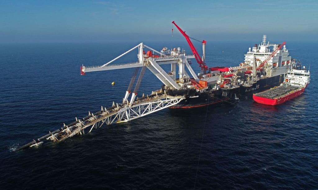 Aerial view taken on November 15, 2018 shows the ship "Audacia" of the Allseas offshore service company, from where parts of the Nord Stream 2 pipeline are laid in the Baltic Sea off the coast the island of Ruegen, northeastern Germany.