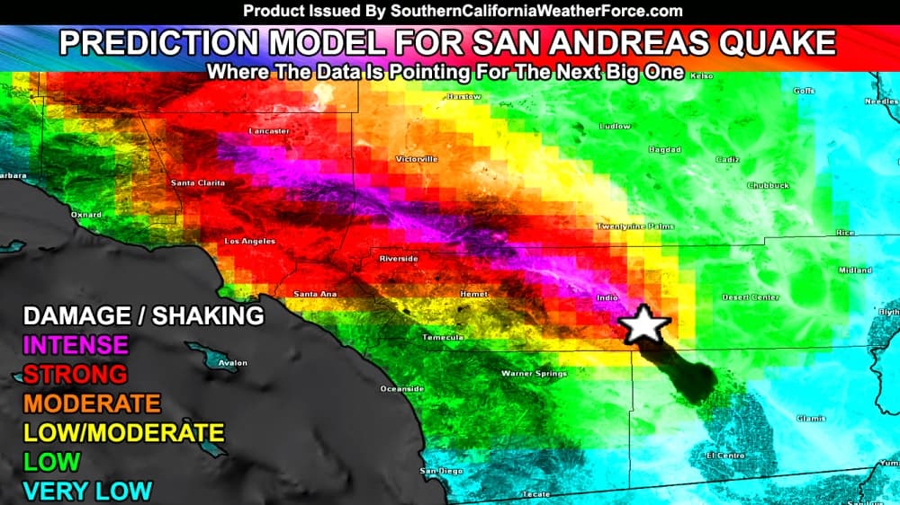 Esta es una representación gráfica de daños e intensidad que un sismo de gran magnitud, en la falla de San Andrés, ocasionaría en el sur de California, según Sourthen California Weather Force.