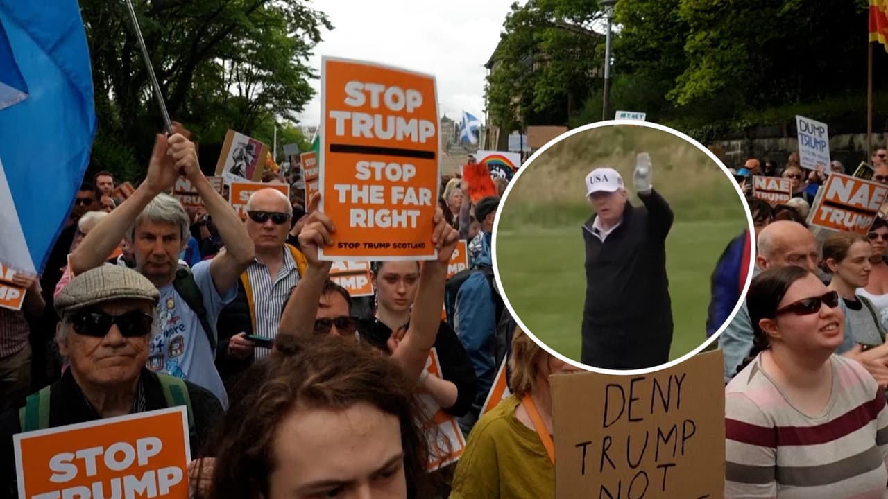 Protestan en Escocia por la visita de Trump mientras él juega golf en su resort
