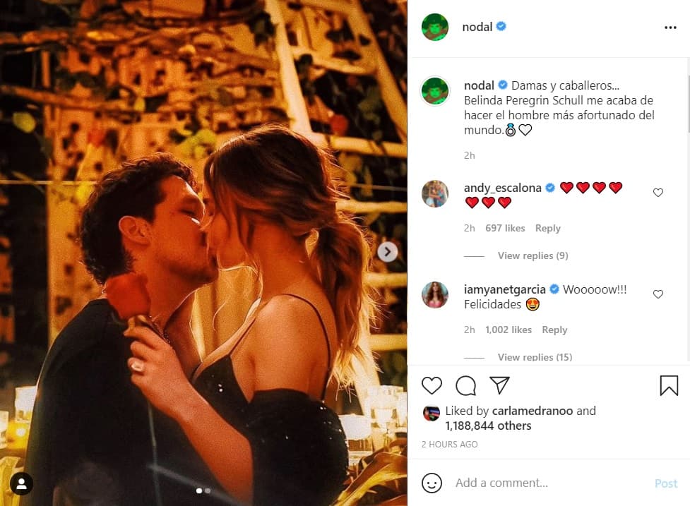 Recordemos que ellos hicieron público su compromiso el 25 de mayo de 2021, y Christian Nodal escribió: "Damas y caballeros... Belinda Peregrin Schull me acaba de hacer el hombre más afortunado del mundo.💍".