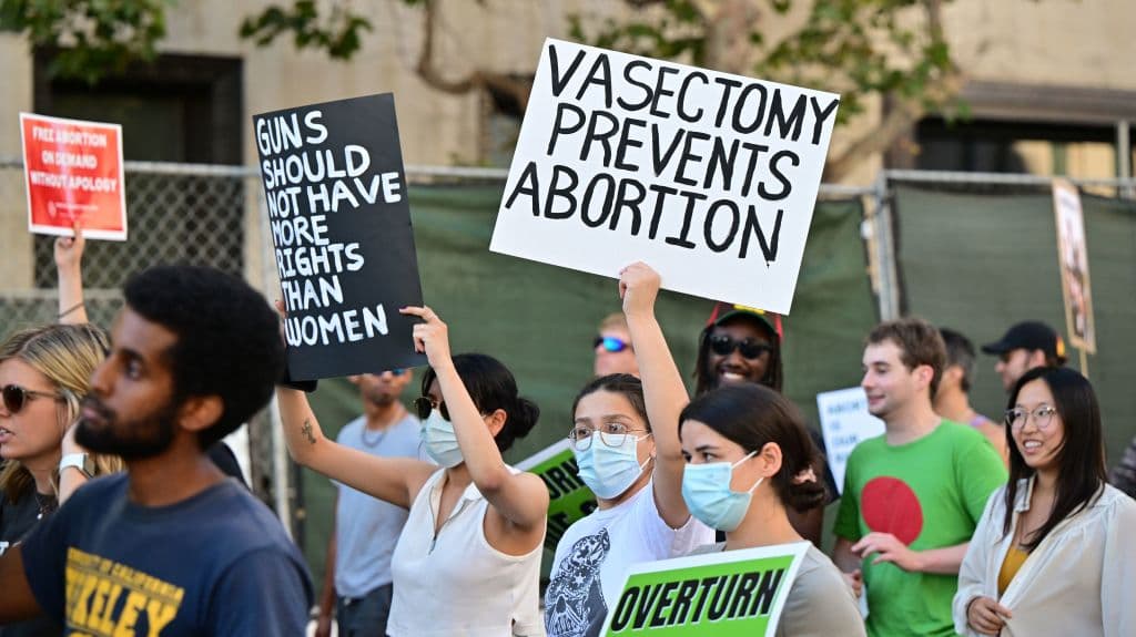 En Downtown Los Angeles: 
<b>"Las vasectomías previenen abortos"</b>. Se refiere a que no existe ninguna ley que regule el cuerpo de los hombres. 
<br>
<br>
<b>"Las armas no deberían tener más derechos que las mujeres", </b>debido a que EEUU garantiza constitucionalmente portar armas, pero ahora ya no el derecho de las mujeres a decidir sobre su cuerpo. 
<br>