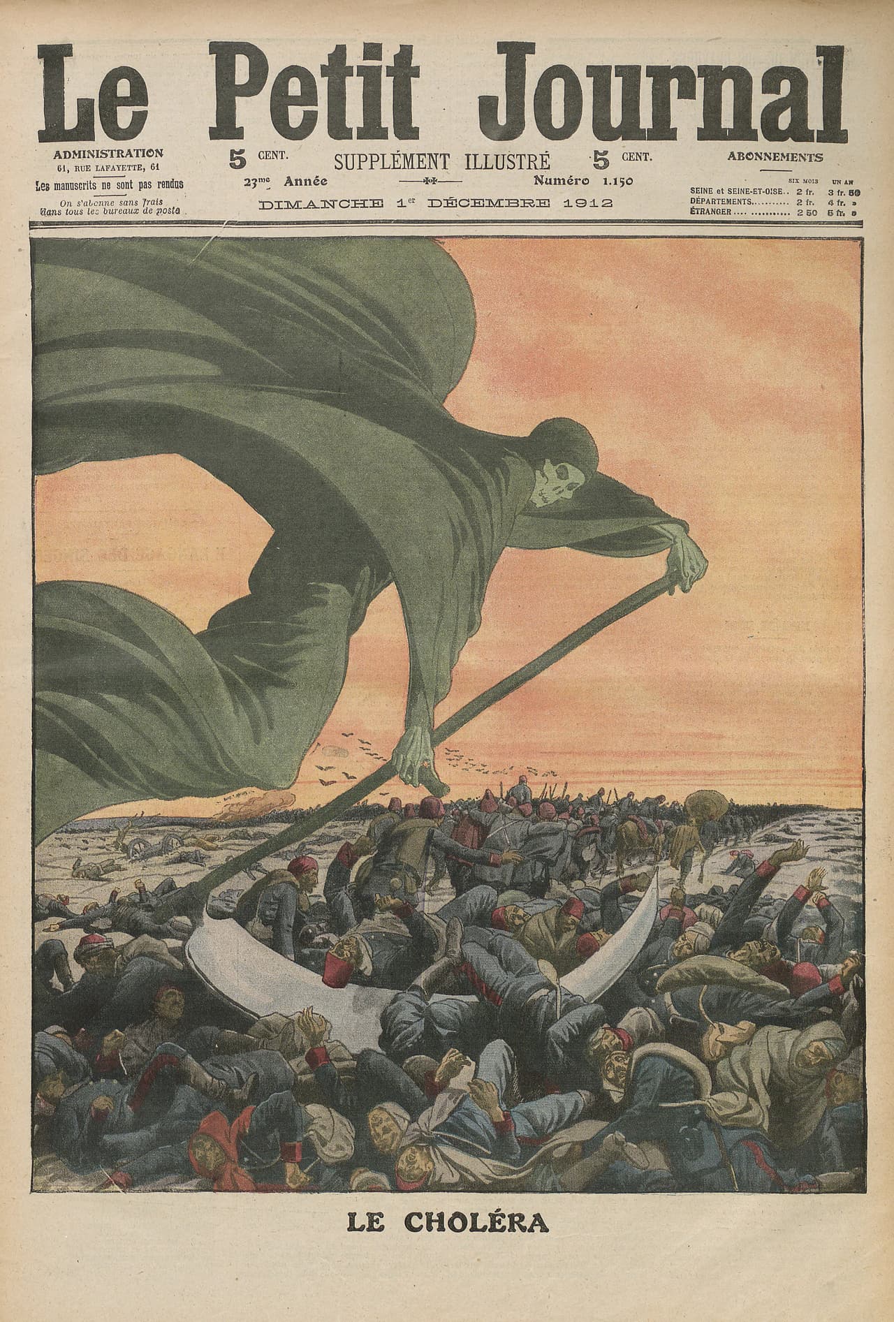 <b>Sexta pandemia de cólera (1899-1923</b>). Comenzó a fines del siglo XIX en la provincia india de Bengala y mató a más de 800,000 en ese país antes de mudarse al Medio Oriente, el norte de África, Rusia y partes de Europa. En total dejó un millón y medio de fallecidos. La fotografía muestra la portada de un diario francés de la época.
<br>