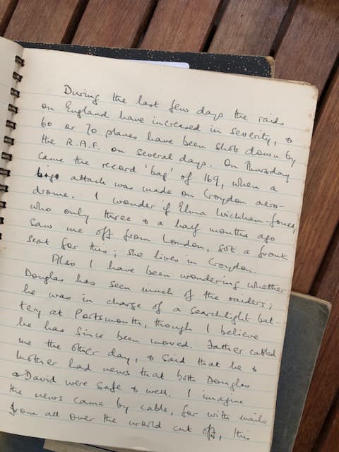 A page from my father's diary describing the intensification of the German bombing of London, known as 'the blitz' in the summer of 1940.