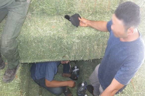 En esta otra imagen se capturó el momento en que 12 mexicanos indocumentados salían por un hueco entre bultos de paja, que eran transportadas en un tráiler. Los coyotes habilitaron un espacio entre la carga para que los migrantes se ocultaran. Pero los detectaron, a mediados de junio, cuando el camión circulaba por la carretera 8 a la altura de Pine Valley, en California.