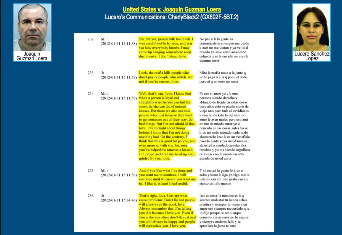 Esta conversación entre Joaquín 'El Chapo' Guzmán y Lucero Sánchez López fue exhibida en el juicio del narcotraficante en una corte de Nueva York en enero de 2019.