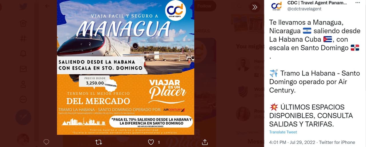 A CDC Travel ad in Panama offered tickets from Cuba to Managua with Air Century in July for $3,250.
