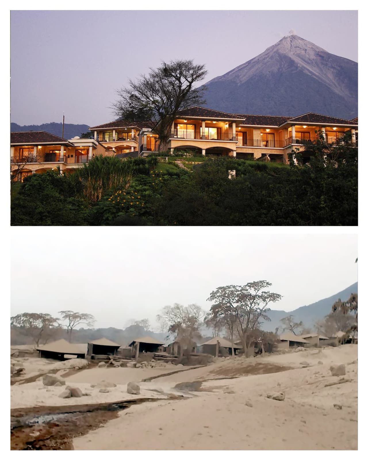 El hotel La Reunión, ubicado en la base del volcán, resultó devastado por la erupción. En la imagen superior muestra las instalaciones antes de la antes de la última actividad del volcán de Fuego.