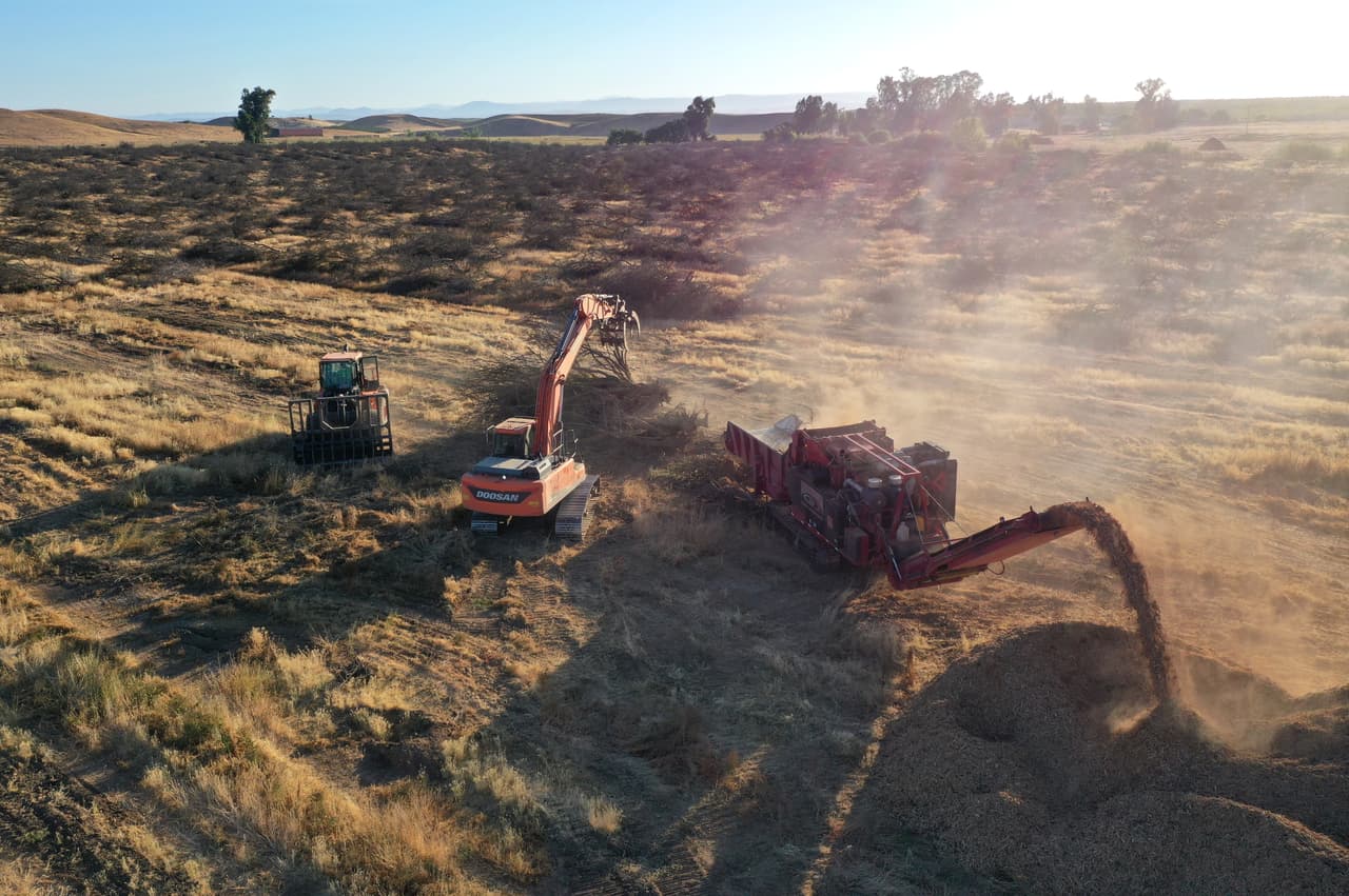 Un proceso de ‘remoción de huertos’ en una granja de Snelling, California, el 27 de mayo. Por la sequía, algunos agricultores del Valle Central del estado han tenido que retirar los cultivos que requieren mucho riego y reemplazarlos por otros que requieren menos agua.