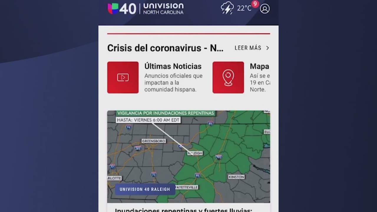 También puedes recibir las últimas noticias del día y las alertas del tiempo en tu app Univision 40 North Carolina, gratis para IOS o Android, 
<a href="https://www.univision.com/local/north-carolina-wuvc/aplicacion-noticias" target="_blank">descárgala gratis aquí. </a>Una vez que descargues la aplicación, 
<a href="https://www.univision.com/local/north-carolina-wuvc/te-decimos-como-recibir-las-alertas-del-tiempo-con-la-aplicacion-de-univision-40-video">así puedes ver las alertas del tiempo.</a>