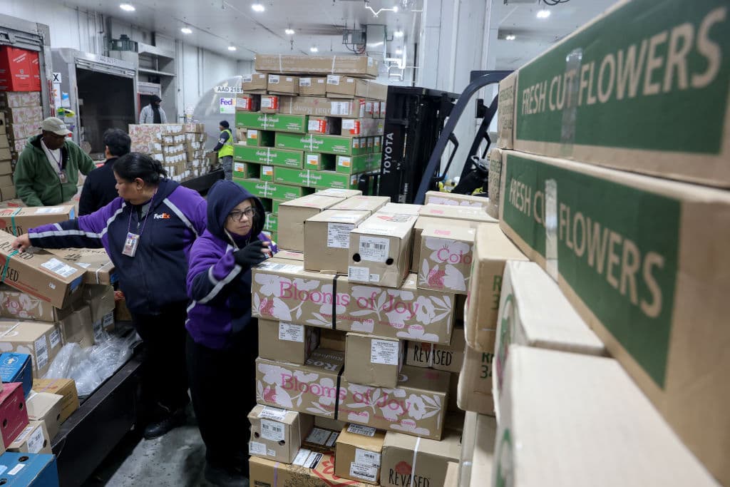 Los miembros del equipo de FedEx apilan cajas de flores a medida que se importan a través de la cámara frigorífica del centro de carga de FedEx en el Aeropuerto Internacional de Miami.