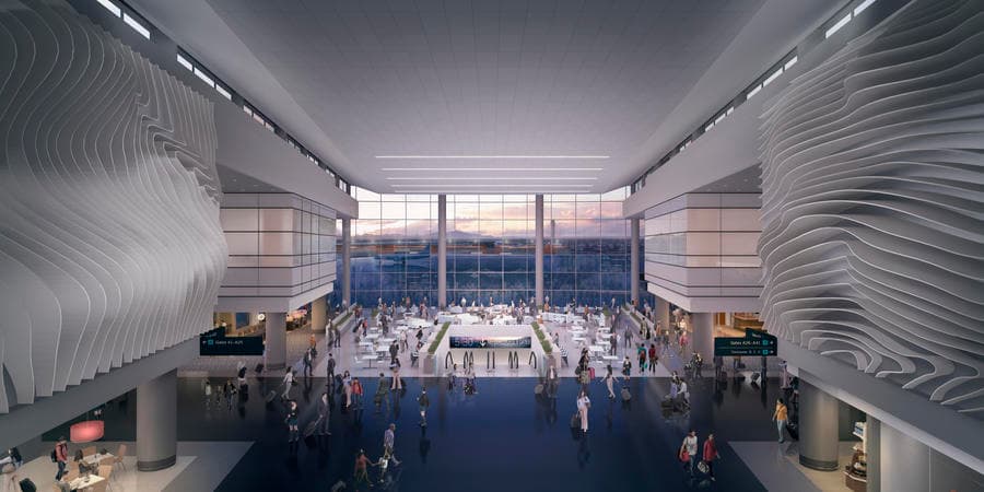 The Canyon, está integrada en dos paredes del terminal del aeropuerto, con la longitud de una campo de fútbol y tres pisos de altura.