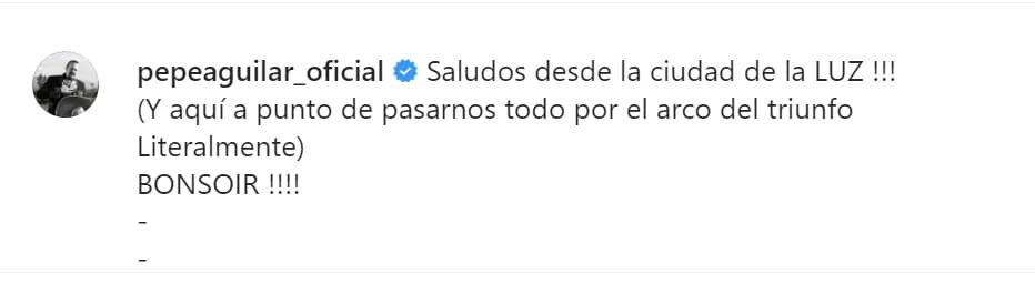 Llamó la atención el pie de foto con el que acompañó la instantánea: "Aquí 
<b>a punto de pasarnos todo por el Arco del Triunfo</b>. Literalmente". 
<br>
