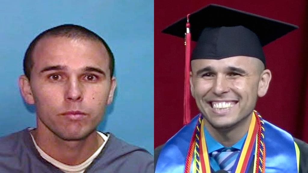 Antes y después: Foto de Ángel Sánchez en la cárcel en 2011 y foto de su graduación en el Valencia College en 2014.