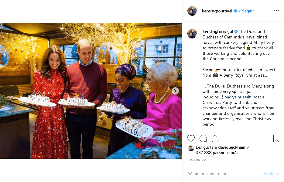 “El duque y la duquesa de Cambridge unieron fuerzas con la leyenda de la cocina Mary Berry para preparar comida festiva para agradecer a todos los que trabajaron y se ofrecieron como voluntarios durante el período navideño”, es el mensaje junto a las fotos de los duques en 
<b><a href="https://www.instagram.com/p/B5gaKEyl8Fk/" target="_blank">Instagram</a></b>.
