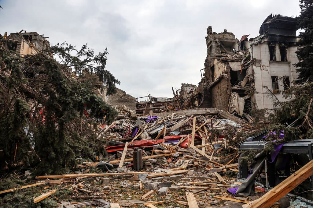 A view of the Mariupol theater damaged during fighting in Mariupol, in territory under the government of the Donetsk People's Republic, eastern Ukraine, Monday, April 4, 2022.