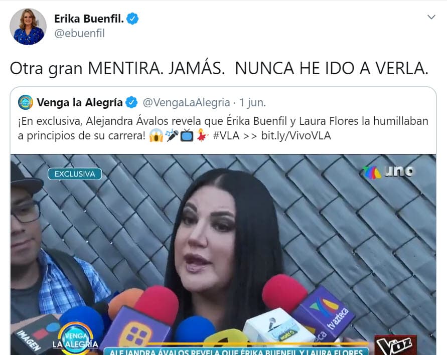 Mientras tanto, Erika Buenfil aseguró en
<b><a href="https://twitter.com/ebuenfil/status/1267512744305180673" target="_blank"> un tuit</a></b> que lo dicho por Ávalos era una "gran mentira" y que "nunca" había ido a verla. 
<br>