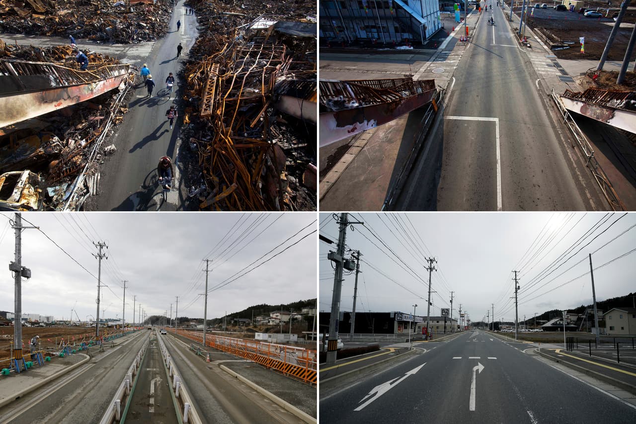 Kesennuma, prefectura Miyagi. Arriba y a la izquierda, 17 de marzo de 2011; arriba a la deracha, febrero de 2012; abajo a la izquierda, marzo de 2016 y abajo a la derecha el 5 de marzo de 2021.