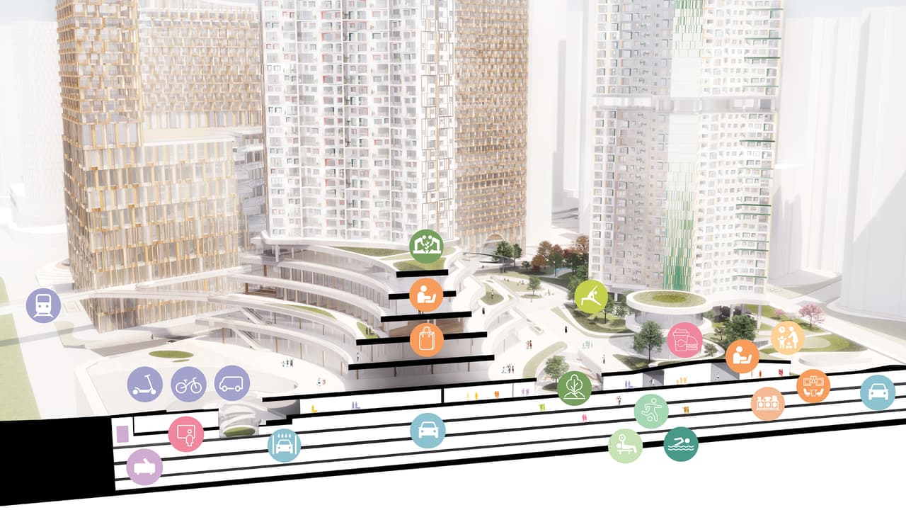 Uno de los esbozos de las áreas comunes sobre y bajo la superfice del suelo. 
<br>
<br>Para los responsables del proyecto, la ubicación de los espacios en el desarrollo garantiza una ganancia en tiempo a los residentes. “El ocio, los espacios de trabajo y los servicios de salud se encuentran en lugares estratégicos” de la ciudad. 
<br>