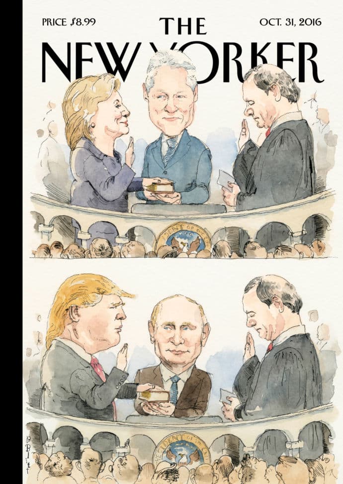 <b>31 DE OCTUBRE DE 2016.</b> Antes de la elección de noviembre de 2016 hizo la portada 
<b><i>"<a href="http://www.newyorker.com/culture/culture-desk/cover-story-2016-10-31" target="_blank">Significant Others</a>" </i></b>(Los otros importantes).
<i> </i>"Ambos candidatos parecen estar en una relación de amor en este momento. Pero vale la pena señalar que, en el caso de una presidencia de Trump, 
<b>Vladimir Putin sería el primer 'primer consorte'</b> nacido en el extranjero desde (la primera dama) Louisa Adams", dijo Barry Blitt sobre la ilustración. Sus obras se caracterizan por el humor político de tono sarcástico.