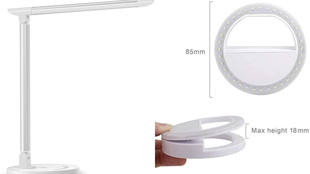 8 y 9. 
<a href="https://www.amazon.com/dp/B00VUTAFR8/ref=redir_mobile_desktop" target="_blank">Lámpara de escritorio</a> TaoTronics con 5 tipos de luz blanca y siete niveles de intensidad. Entrada para USB. 
<b>Precio: $39.99 </b>
<br> 
<a href="https://www.amazon.com/gp/product/B071X6CH6H/ref=ppx_yo_dt_b_asin_title_o08_s00?ie=UTF8&psc=1" target="_blank">Selfie ring</a> de Whellen con 36 luces y 3 niveles de iluminación. 
<b>Precio: $9.99 </b>
<br>La iluminación es uno de los factores principales para lucir bien en una videollamada. Escoge un lugar iluminado con luz natural, de preferencia una ventana de frente al rostro y detrás de la pantalla. 
<br> 
<br>