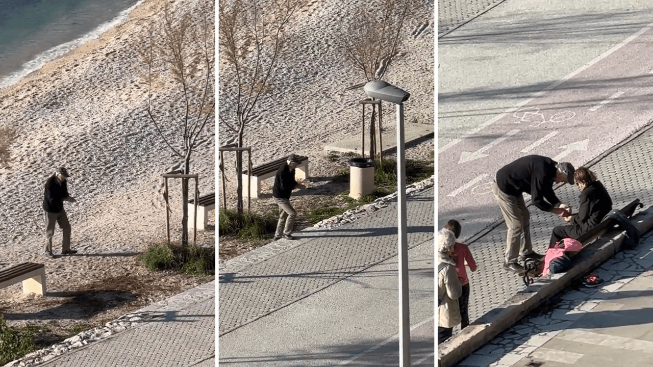 Hombre mayor lleva agua del mar a su presunta esposa y derrite corazones en Internet. Tik