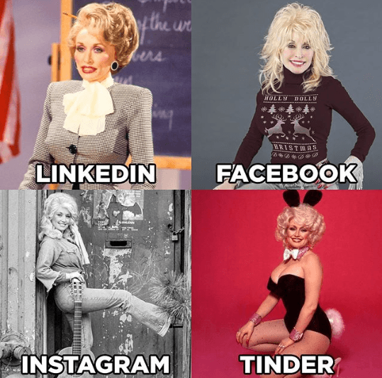Todo comenzó hace casi una semana cuando la reconocida cantante ‘Dolly Parton’ impuso tendencia en redes sociales al publicar un peculiar collage con cuatro fotos de ella misma, cada una diferente y especial para cada red social: Linkedin, Facebook, Instagram y Tinder. 
<br>