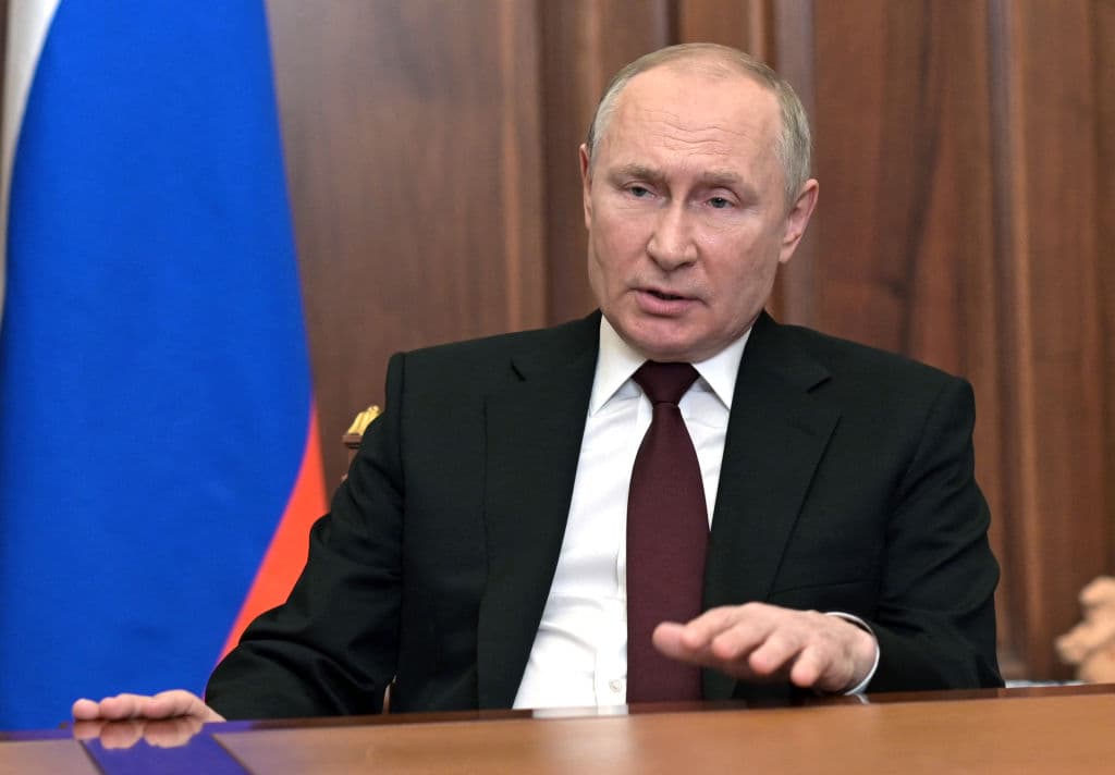 Russian President Vladimir Putin speaks during his address to the nation at the Kremlin in Moscow on February 21, 2022.