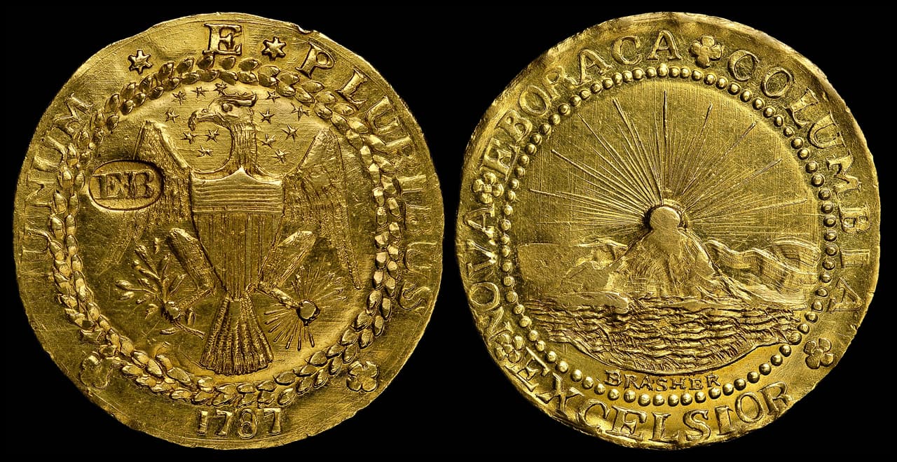 <h3 class="cms-H3-H3">3. Doblón Brasher, 1787</h3>
<br>
<br>🪙 
<b>Valor: </b>$7.4 millones en precio de subasta en 2011.
<br>
<br>🪙 
<b>Historia: </b>El doblón Brasher (Brasher Doubloon) es un raro doblón de ocho escudos fabricado en Estados Unidos a finales del siglo XVIII. Fue acuñada por Ephraim Brasher, quien intentó –sin éxito– que el estado de Nueva York fabricara monedas de cobre. No obstante, decidió fabricarlas de todas formas (incluyendo algunas con oro de 22 kilates), lo que influyó en la historia numismática de Estados Unidos. 
<br>