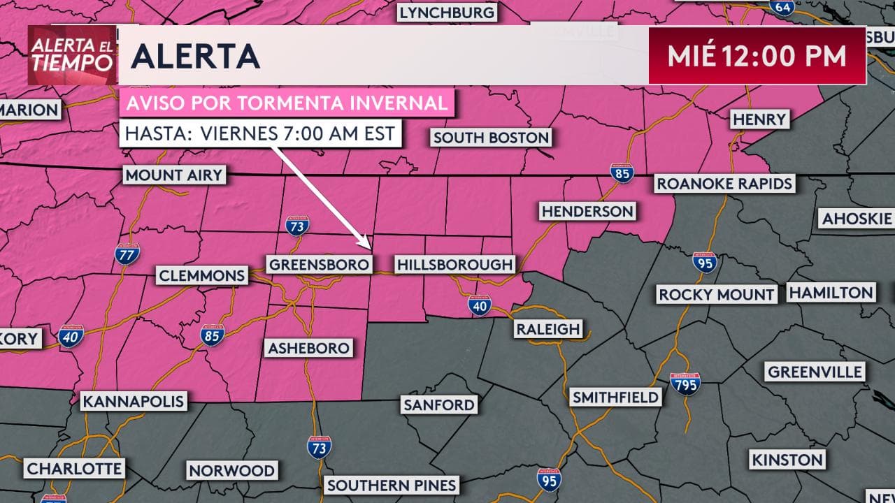 Un aviso por 
<a href="https://www.univision.com/local/north-carolina-wuvc/vigilancia-de-tormenta-invernalen-carolina-del-norte-fotos">tormenta invernal</a> estará vigente hasta el viernes a las 7 a.m. en los condados: Alamance, Durham, Forsyth, Granville, Guilford, Orange, Person, Vance y Warren. Una media pulgada de hielo es posible en estas regiones.