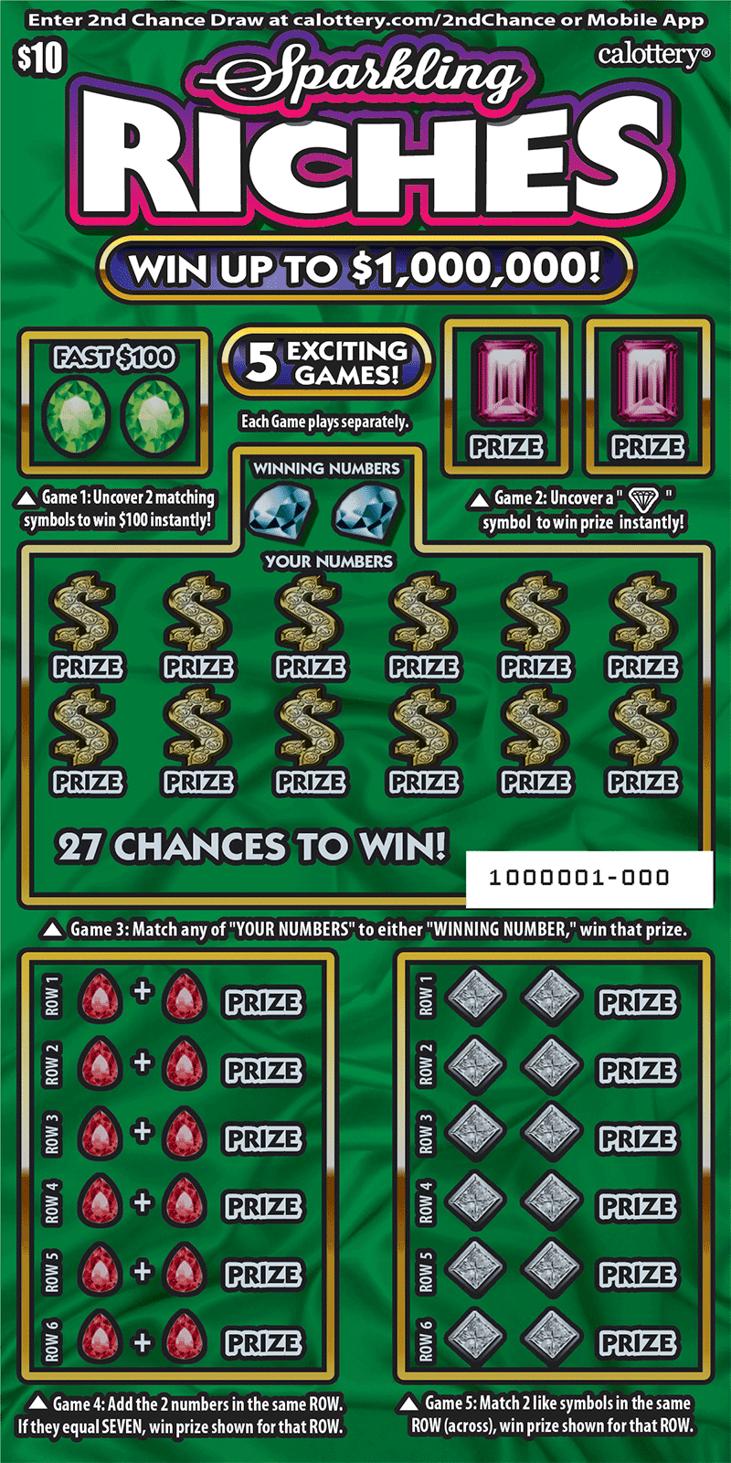 <h2 class="cms-H2-H2">Sparkling Riches </h2>
<br>Es un raspadito con un premio mayor de $1,000,000.
<br>La probabilidad de ganar cualquier premio es de 
<b>1 en 2.92.</b>
<br>