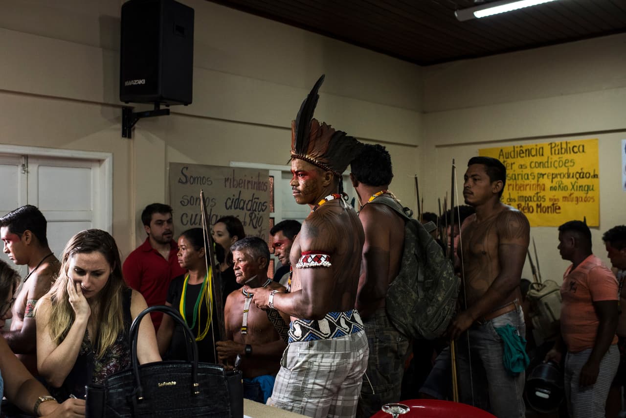 Gilliard Juruna, Cacique of the village of Miratu in the Paquiçamba Indigenous Reserve is seen at a public audience where riverine communities were able to voice their grievances to the Public Ministry and Notre Energia, the consortium in charge of building the Belo Monte Dam. The Juruna are down river from the proposed Belo Sun mine and are fearful of what it will mean for their future on the river. Nov 11, 2016.