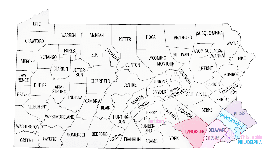Registrados para votar por partido por condado en Philadelphia y los condados aledaños en Pennsylvania.