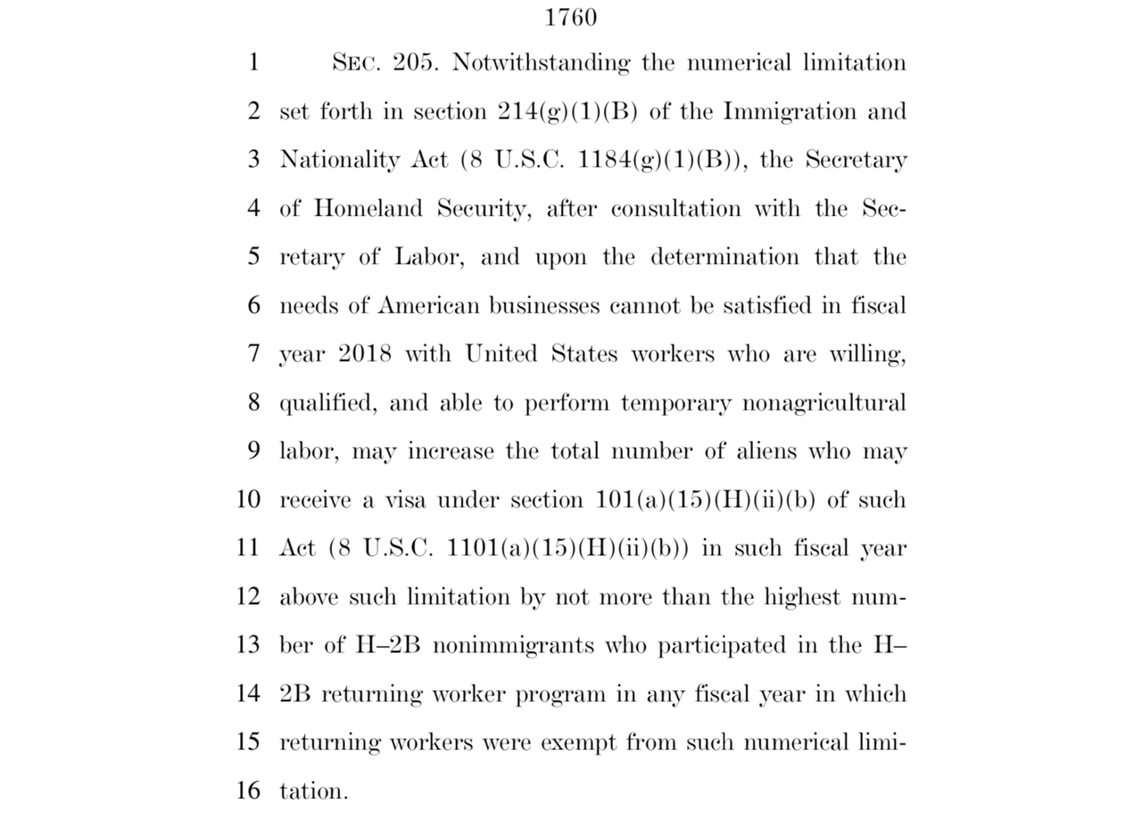 La sección de la ley que permite aumentar las visas H-2B.