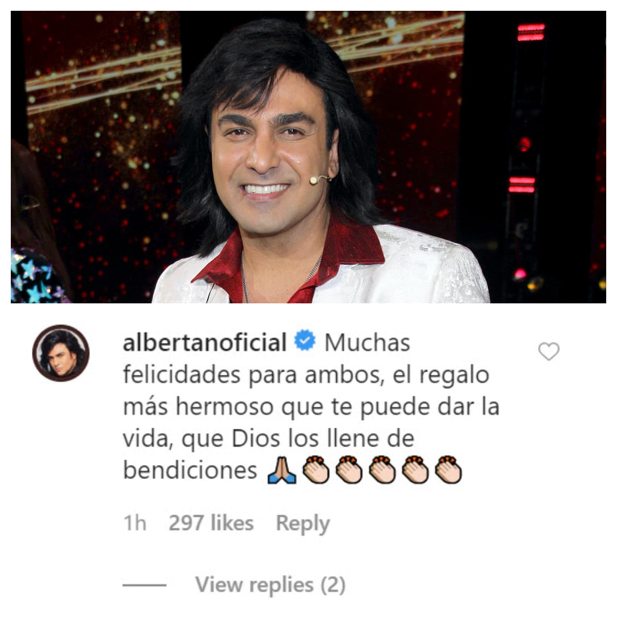 Su compañero en 
<b><a href="https://www.univision.com/shows/nosotros-los-guapos" target="_blank">Nosotros Los Guapos</a></b>, Ariel Miramontes 
<b><a href="https://www.univision.com/galavision/albertano-sufre-dramatico-accidente-al-estilo-la-rosa-de-guadalupe" target="_blank">'Albertano'</a></b>, también le demostró su afecto con la noticia: "Muchas felicidades para ambos, el regalo más hermoso que te puede dar la vida, que Dios los llene de bendiciones". 
<br>