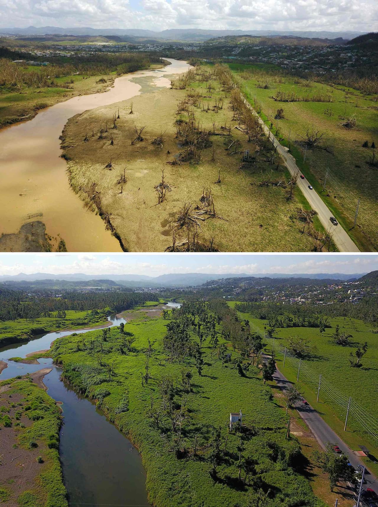 Vista aérea del Río La Plata, en Toa Alta, justo después de huracán y seis meses después.